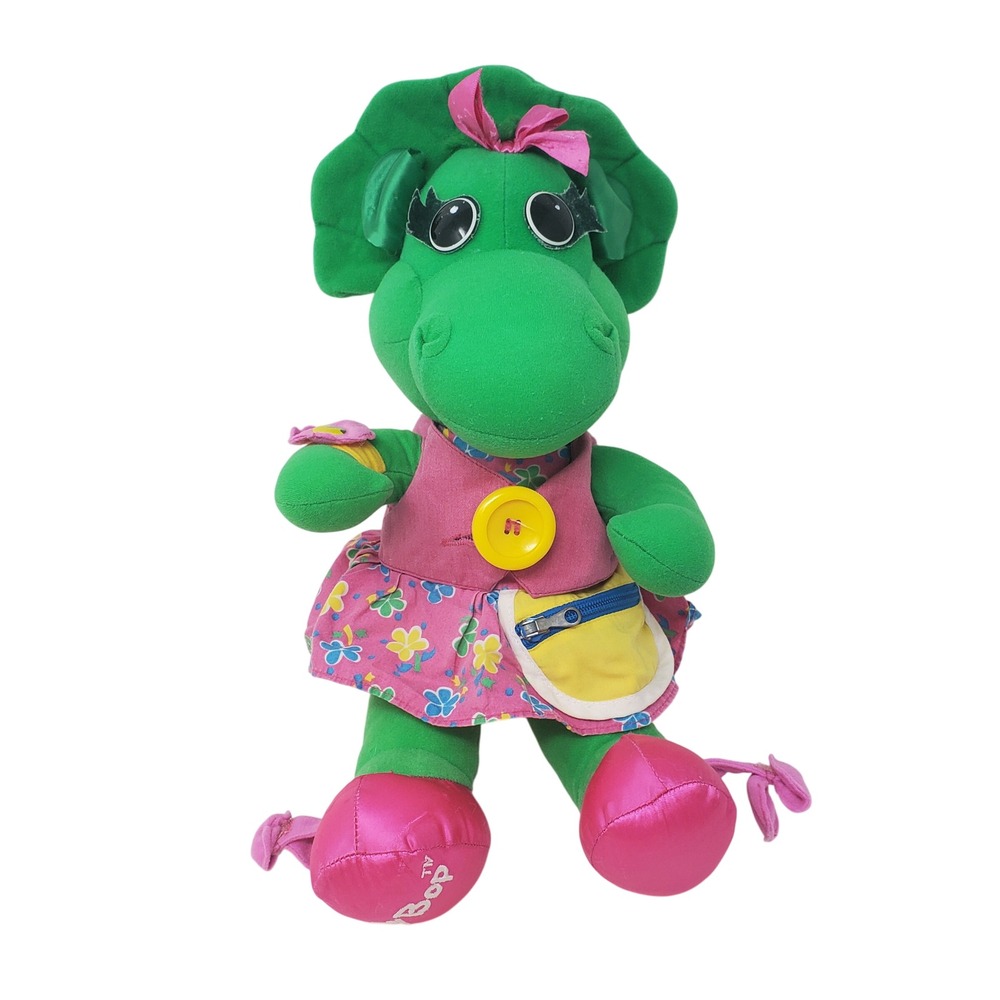 Vintage Barney and Friends Baby Bop Plush Green Dinosaur Pink Dress 90s Toy